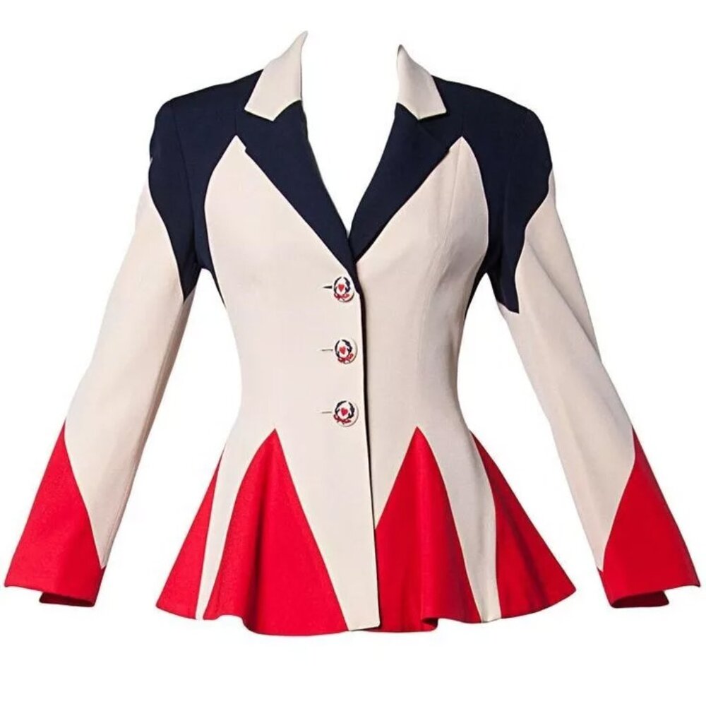 MOSCHINO IVORY RED BLACK TRIANGLE JACKET PEPLUM HEART BUTTON USA 6 VINTAGE 90s